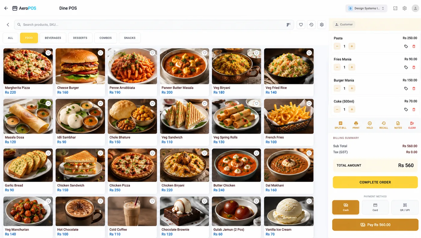 Aero Pack POS — the restaurant billing screen: menu tiles by course, running order, split bill, KOT and payment method