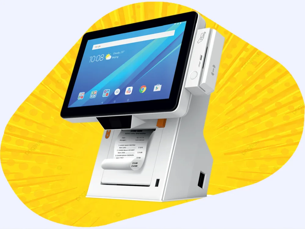A working counter: terminal, printer, scanner and drawer, installed and cabled.
